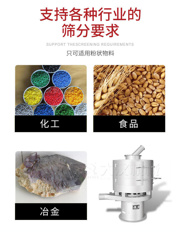 氣流篩用于礦粉，石墨粉，活性納米碳酸鈣，鋁灰，大豆粉，碳酸重鈣，石墨粉，木粉，干草，重金石粉，藥粉末，橡膠顆粒，草酸鹽，干料粉，木粉，聚酯粉，干粉，塑料，金屬粉末，橡膠粉，粉煤灰，石墨粉，陶瓷粉，鋅粉，石英粉，石灰粉，鐵粉，金屬硅粉等。