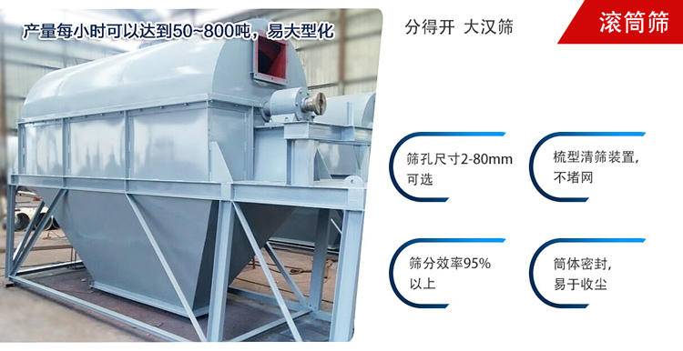 滾筒篩分開放式,封閉式兩種選擇無塵篩分。無軸滾筒：適用生活垃圾等一些有一定纏繞性物料;有軸滾筒：適用石料，砂土等含水量較少的物料
