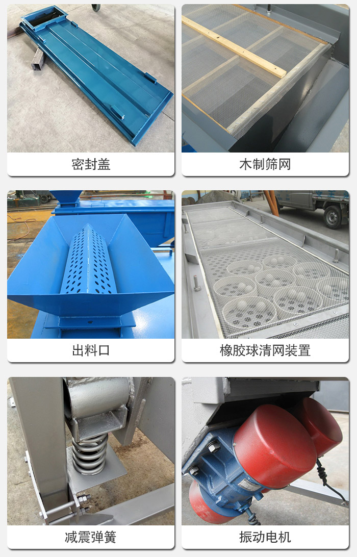 直線篩分機(jī)的結(jié)構(gòu)展示圖：篩箱是物料主要篩分設(shè)備之一，篩網(wǎng)用于篩分物料，振動(dòng)電機(jī)幫助篩網(wǎng)篩分。