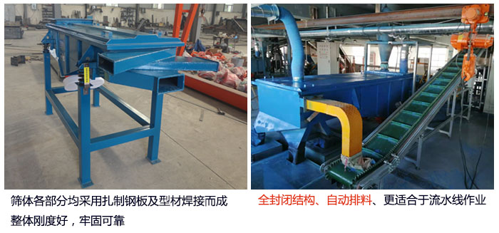 直線篩分機(jī)篩體各部分均采用扎制鋼板及型材焊接而成整體剛度好，牢固可靠；全封閉結(jié)構(gòu)、自動(dòng)排料、更適合于流水線作業(yè)。