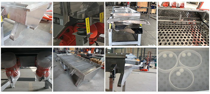 不銹鋼直線篩不同定制出料口，電機(jī)，篩網(wǎng)，篩箱，彈跳球等部件細(xì)節(jié)展示