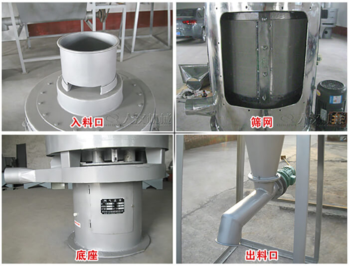 氣流篩部件展示：入料口，篩網(wǎng)，底座，出料口等。