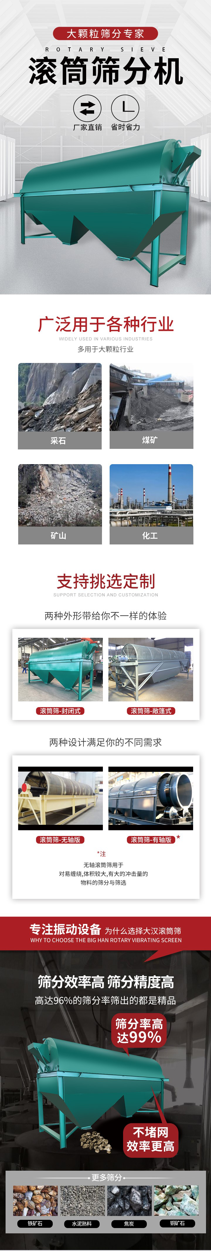 滾筒篩分機大顆粒篩分專家：廠家直銷，省時省力。滾筒篩被廣泛應用各種行業(yè)：多用于大顆粒行業(yè)例如：采石，煤礦，礦山，化工等。滾筒篩定制類型有哪些：封閉式與敞篷式產品結構分為：無軸式，有軸式兩種，無軸滾筒篩用于對纏繞，體積較大，有大的沖擊量的物料的篩分與篩選。滾筒篩篩分效率高篩分精度能夠達到：96%也比較適用于鐵礦石，水泥熟料，焦炭，銅礦石。滾筒篩特點：不飛粉末：密封隔離罩，密封性好，工作過程不會出現(xiàn)飛粉現(xiàn)象。外型尺寸是按筒體長計