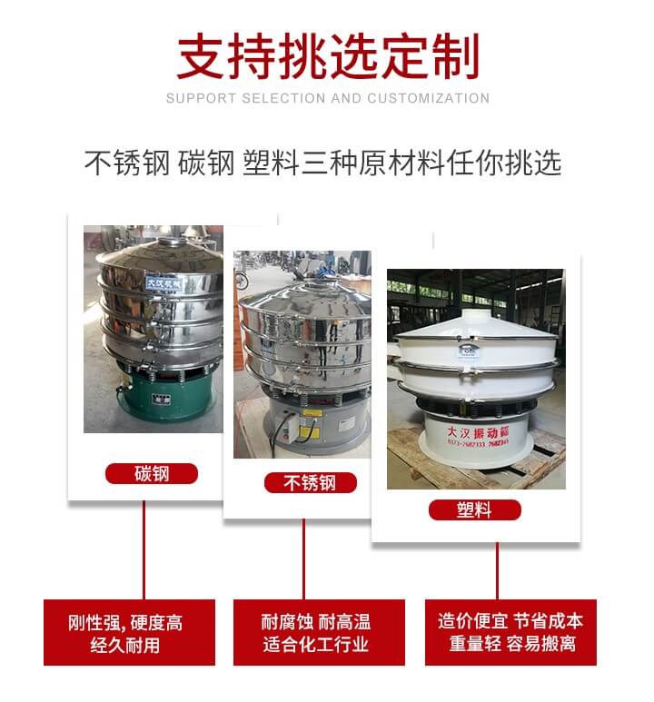 旋振篩可配置一到四層的篩網(wǎng)。旋振篩的篩分效率高，篩分精度高，篩分率高達(dá)96%。