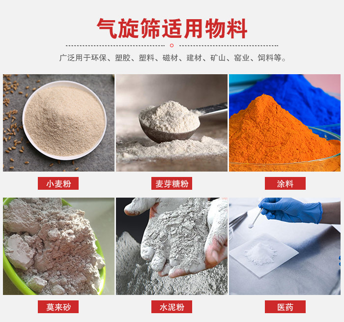 氣旋篩適用物料：小麥粉，麥芽糖粉，涂料，等粉狀物料。