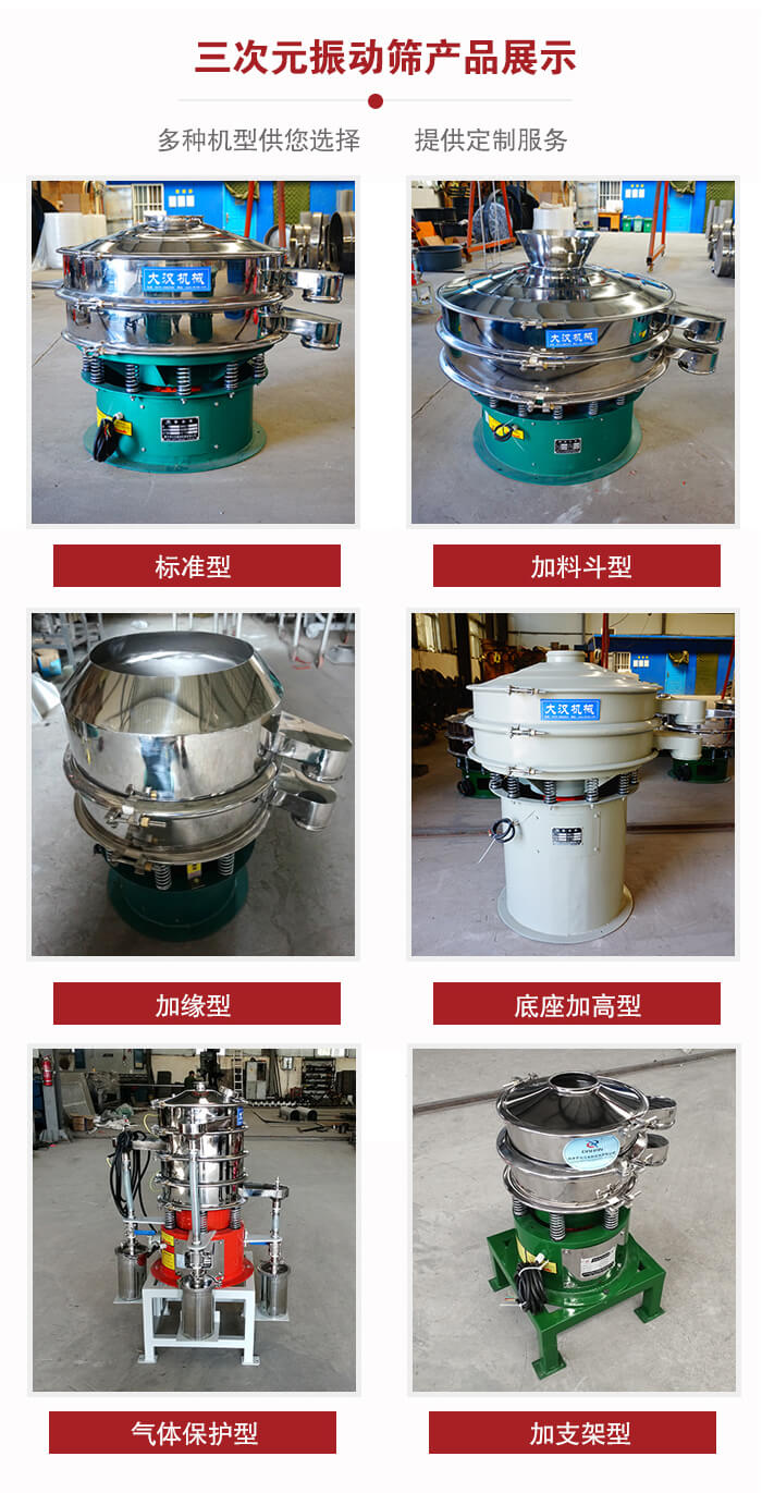 三次元振動篩不同結(jié)構(gòu)展示：標(biāo)準(zhǔn)型，加料斗型，加緣型，底座加高型，氣體保護(hù)型，加支架型。