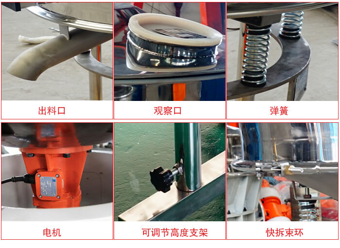 高頻篩細(xì)節(jié)展示：出料口，觀察口，彈簧，電機(jī)，可調(diào)節(jié)高度支架，快拆束環(huán)。