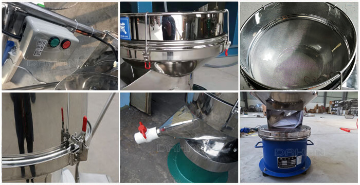 過(guò)濾篩細(xì)節(jié)展示：控制開(kāi)關(guān)，篩框，出料口閥門，底座等