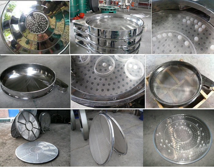 食品振動篩細節(jié)展示：防塵蓋，篩框，網(wǎng)架，底框等。